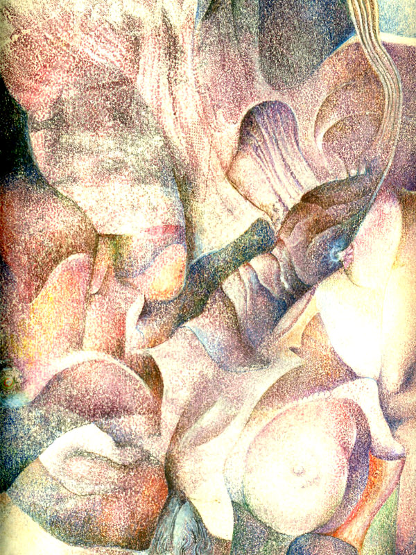 Ohne Daunendecke, 1971, Frottage/Farbstift, 31,5 x 23,5 cm