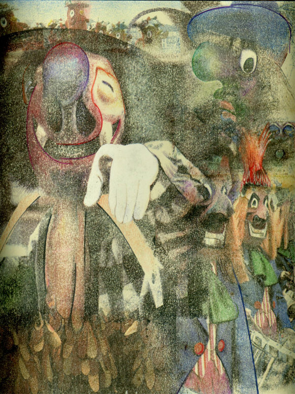 Clowns, 1972, Frottage/Farbstift, 29,5 x 25 cm