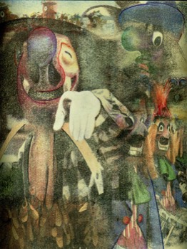  Clowns, 1972, Frottage/Farbstift, 29,5 x 25 cm 